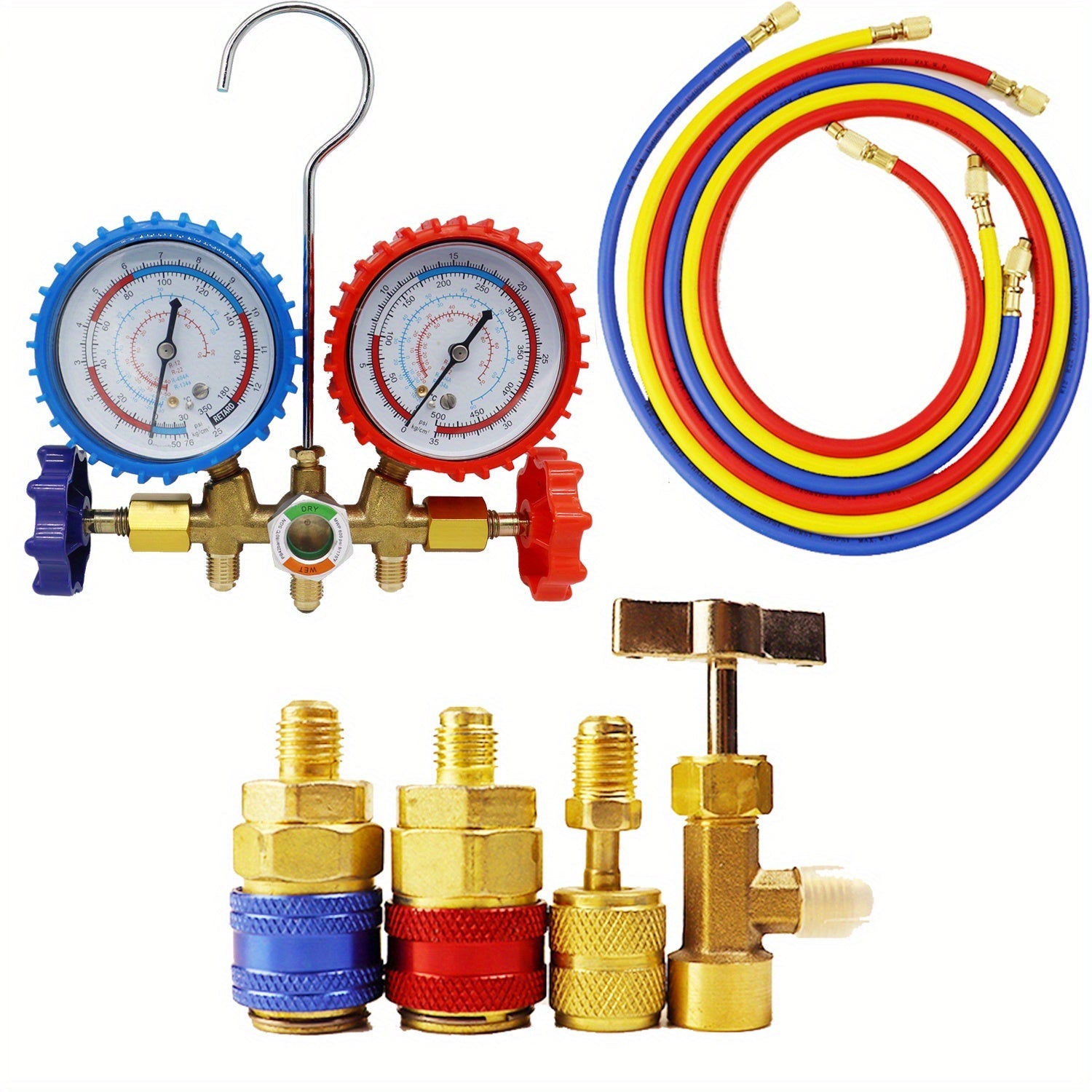 HVAC Auto 3-Way AC Manifold Gauge Set Refrigerant Charging Tool with Quick Couplers
