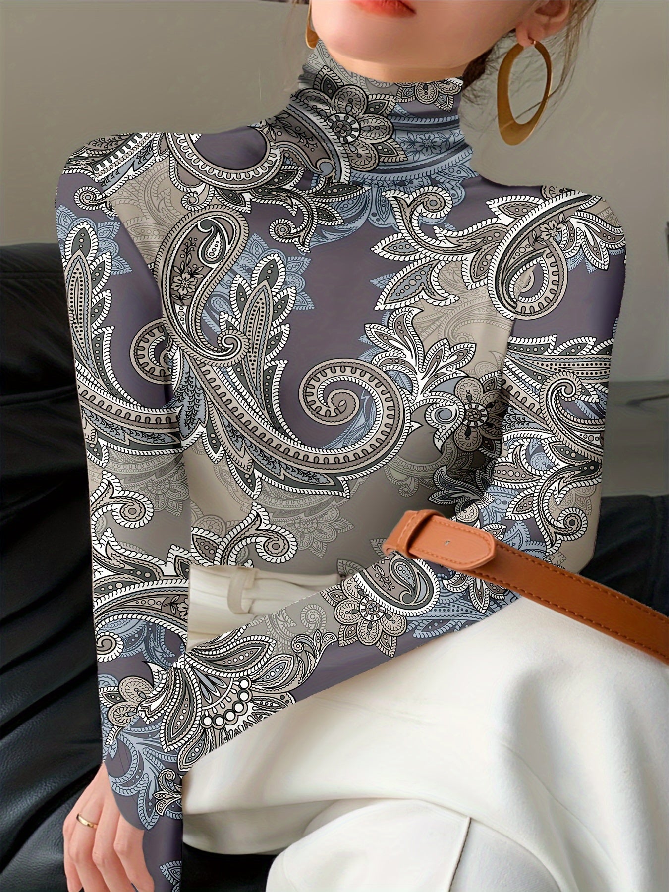 Women's Long Sleeve Paisley Print High Neck Polyester Blouse