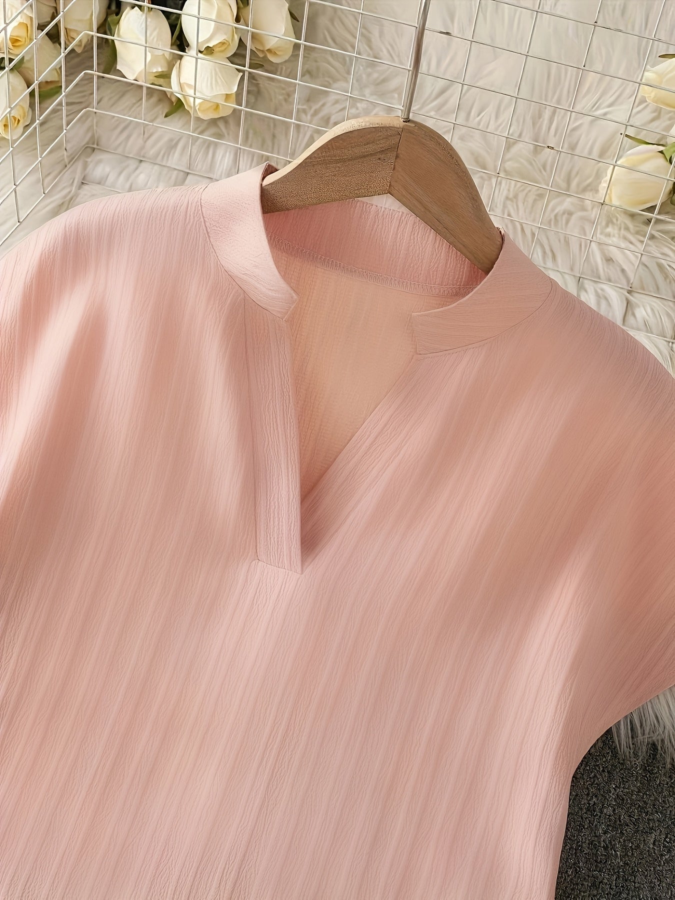 Plus Size Women's Blush Pink V-Neck Blouse Soft Pastel Casual Shirt