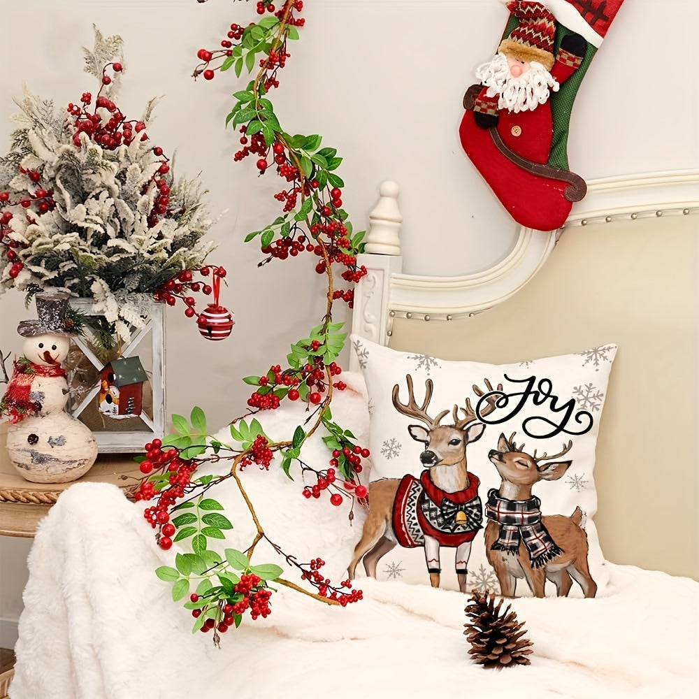Linen Throw Pillow Cover Reindeer Snowflake Festive Woven Fabric Machine Washable