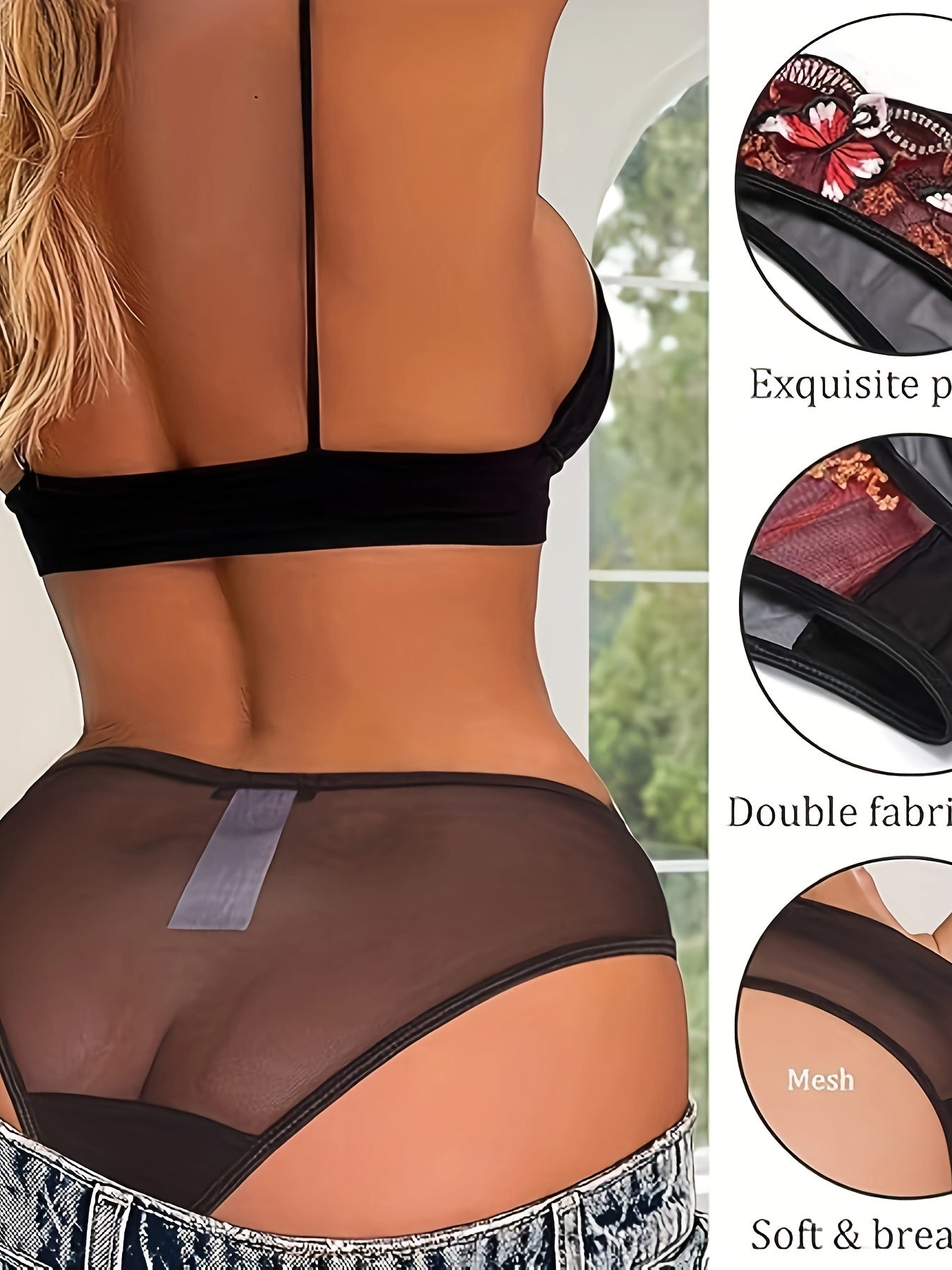 Women's Floral Lace Trim Thong Panties Low-Rise Sexy Lingerie