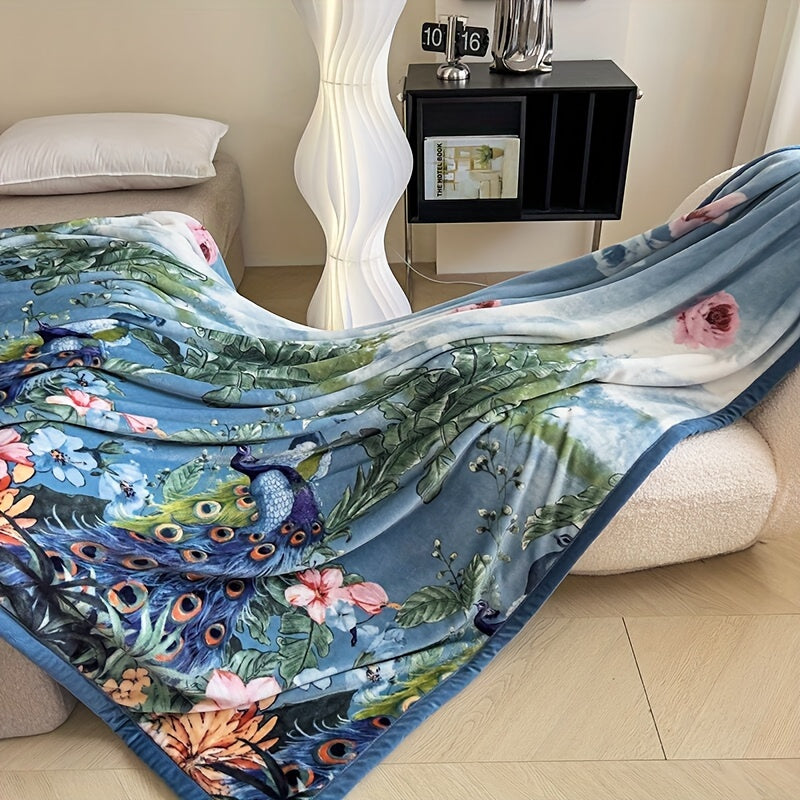 Luxurious Peacock and Floral Coral Fleece Throw Blanket Thick Milk Velvet Cozy Nap Office Use Year-Round Warmth