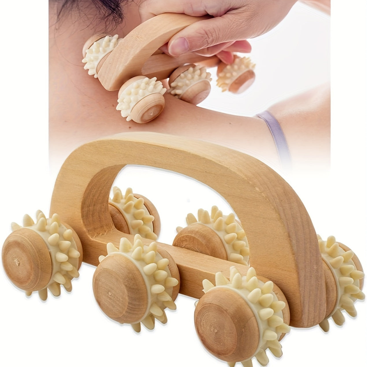 Wooden Back Massager with 6 Rolling Balls Non-Electric Unscented