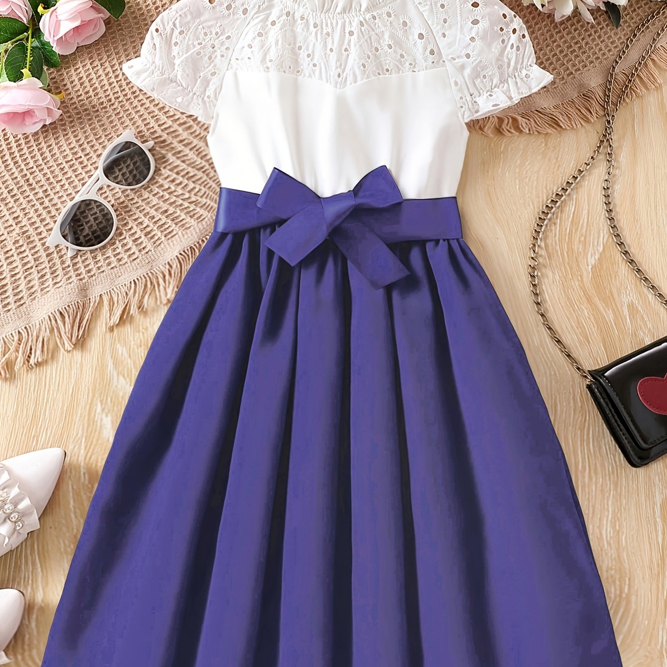 Girls' Knee-Length Pleated Dress with Embroidered Details, Crew Neck, Lantern Sleeves, Belt, Casual Spring Summer