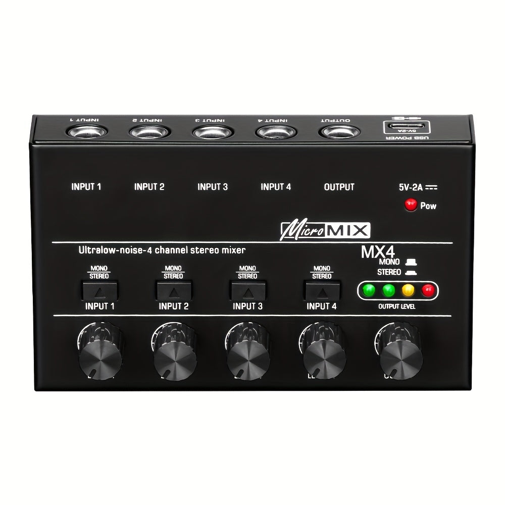 4-Channel Audio Mixer with Ultra Low Noise, Easy Operation, USB Power Supply