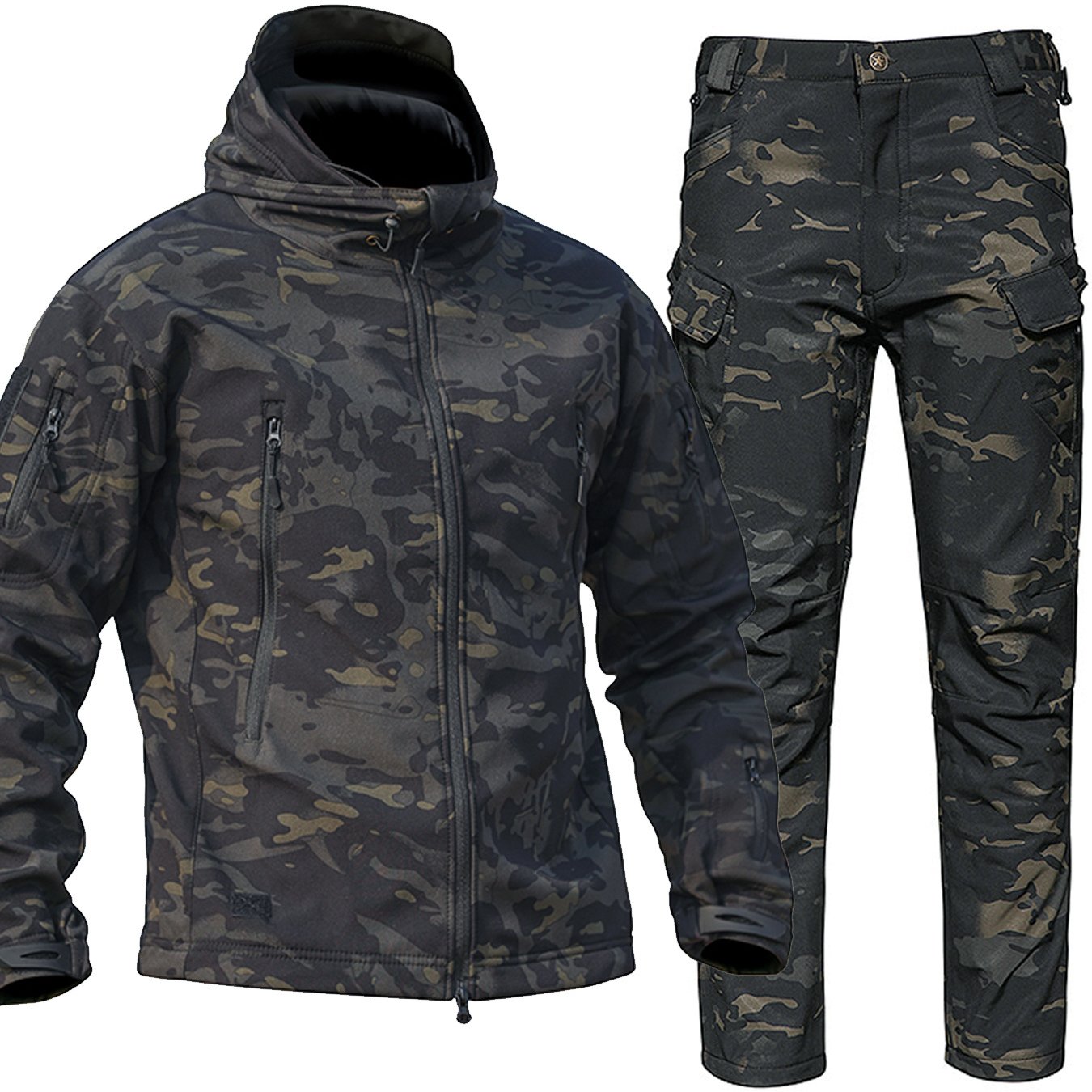 Men's Camouflage Outdoor Gear Set Windproof Hooded Jacket and Fleece Pants for Hiking Hunting and Casual Wear