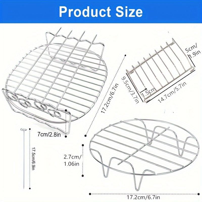Stainless Steel Air Fryer Accessories Set with Double-Layer Grill Skewers Bread Rack and Steamer