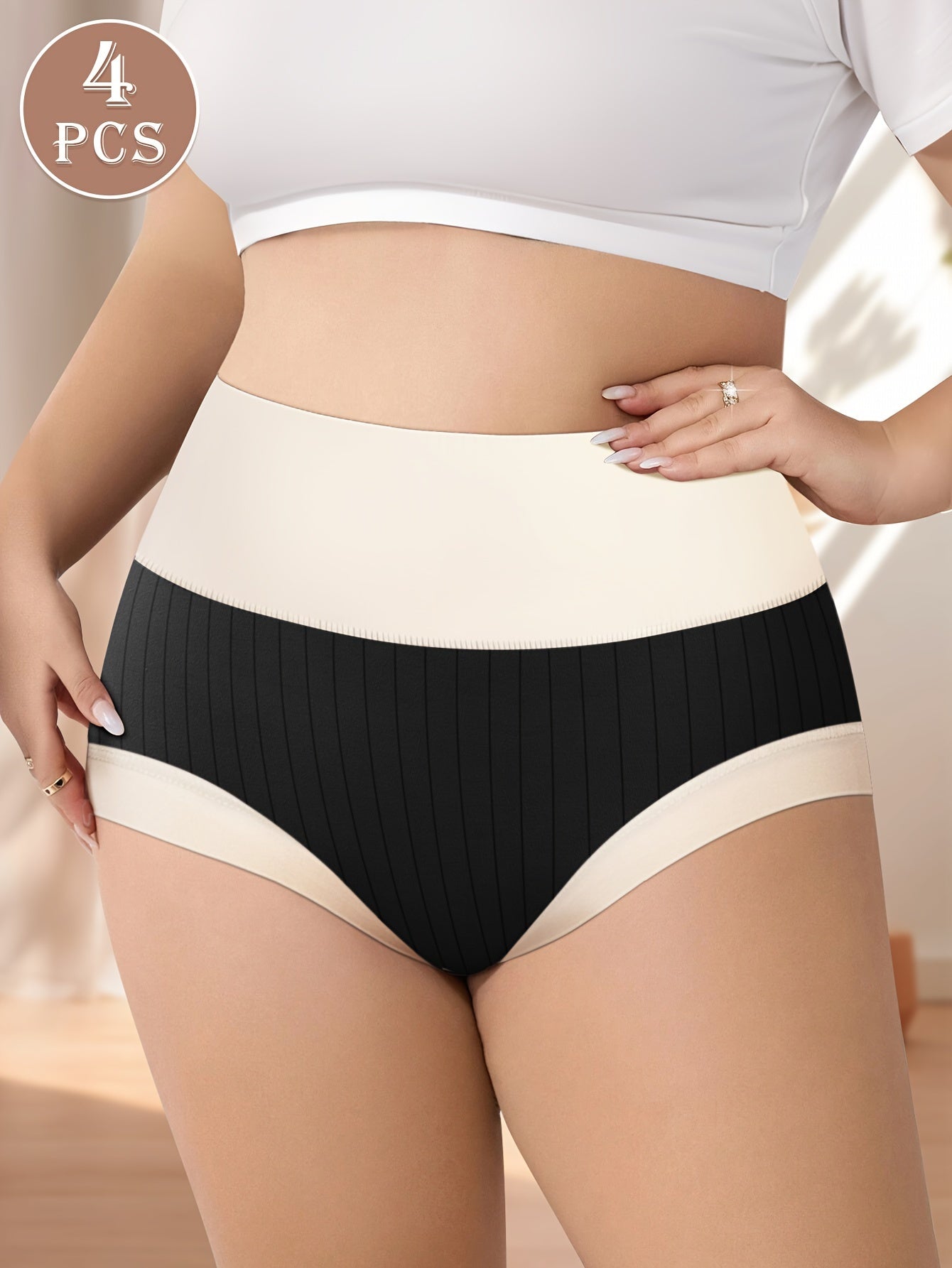 Plus Size Women's Colorblock Ribbed High Waisted Briefs 4 Pack