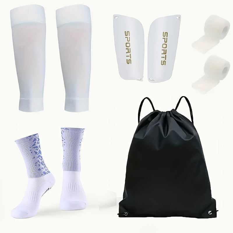 Football Training Equipment Set 5 Pieces Silicone Grip Socks Calf Sleeves Drawstring Backpack Leg Pads Polyester