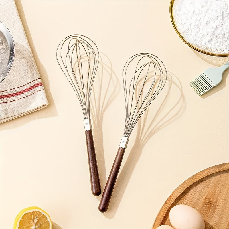 Stainless Steel Handheld Egg Beater with Wooden Handle for Baking