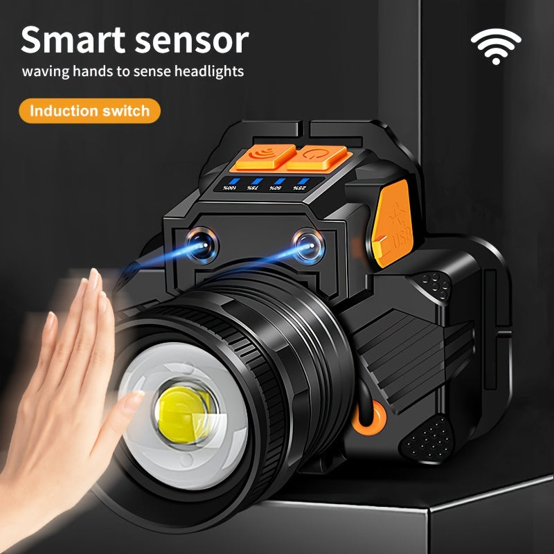 Qayta zaryadlanadigan LED bosh lampasi, aqlli sezgi, 3 rejim, zoomable, USB zaryadlash - Tashqi faoliyatlar uchun ajoyib - Type-C mos, favqulodda bosh chirog'i|Aylanadigan bosh chirog'i|Zamonaviy Dizayn