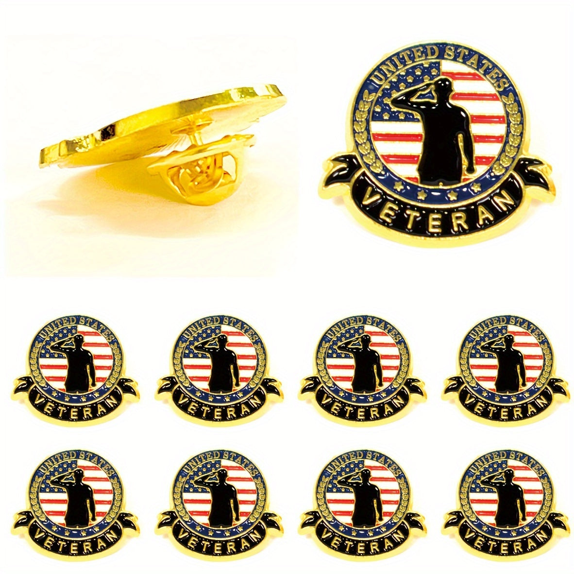 10-Pack Vintage Alloy Veteran Lapel Pins Military Commemorative Brooches Irregular Shapes