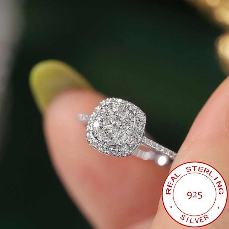 Women's Silver Geometric Square Ring with Zirconia Inlay