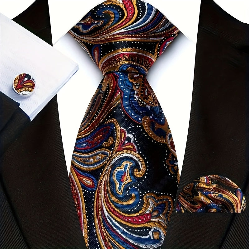 Men's Striped Necktie Set with Cufflinks and Pocket Square for Business and Parties