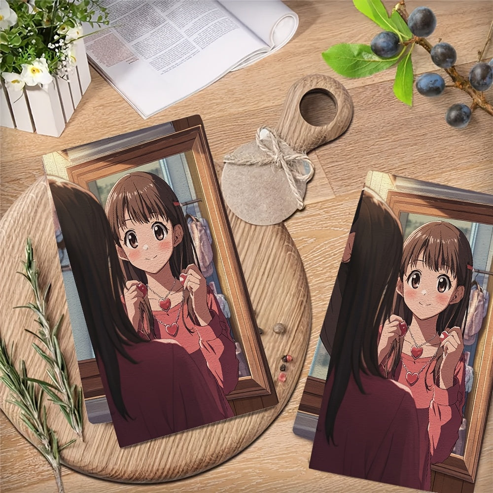 Набор из 2 кухонных полотенец с аниме-девушкой, сердечным ожерельем, ультра мягкие, впитывающие, 16x24 дюймов