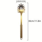 Juego de utensilios de acero inoxidable con espátula y cuchara, negro y dorado, uso profesional