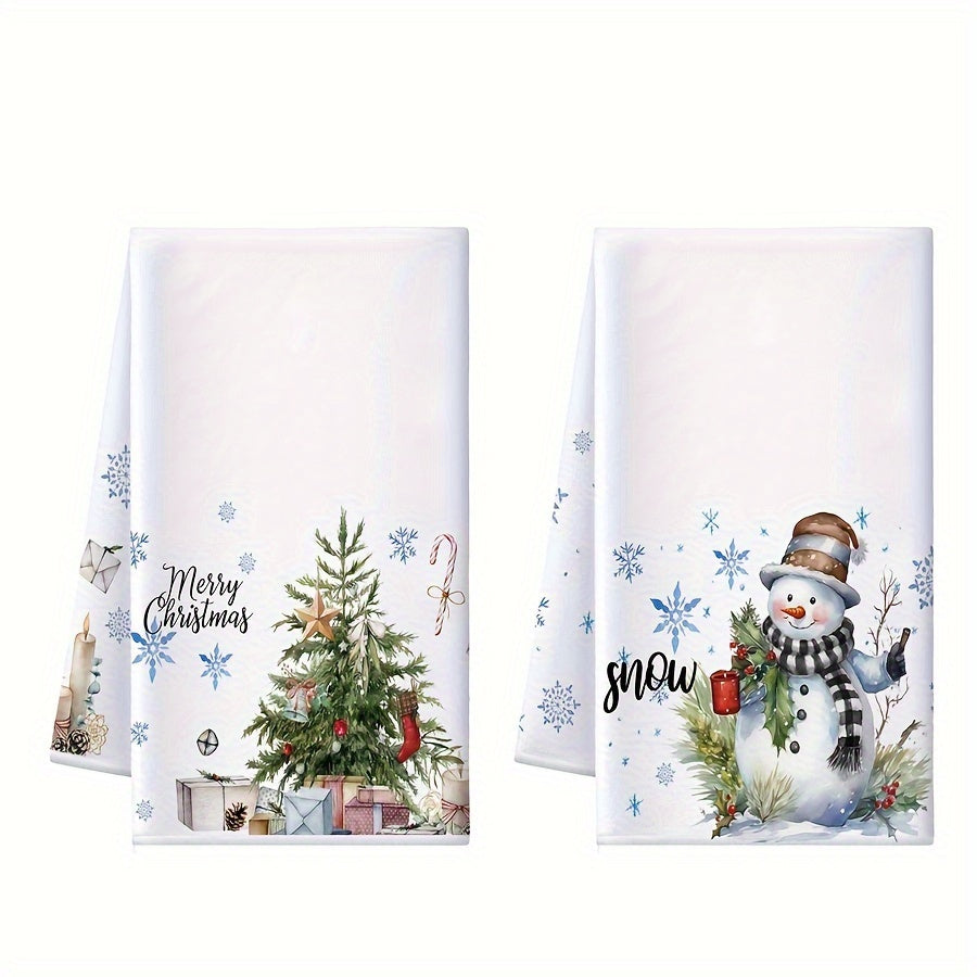 2-Piece Christmas Kitchen Towel Set Absorbent Snowflake Tree Snowman Reindeer