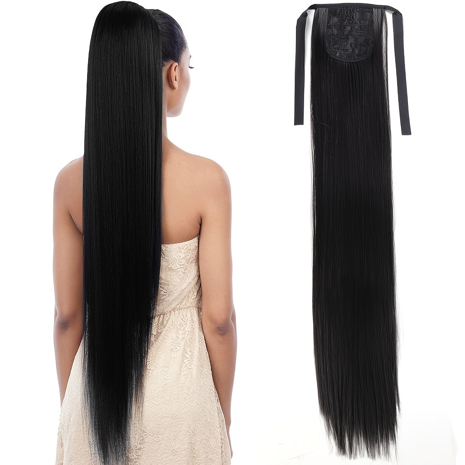 Women Black Synthetic Straight Ponytail Hair Extension 81.28cm Drawstring Style