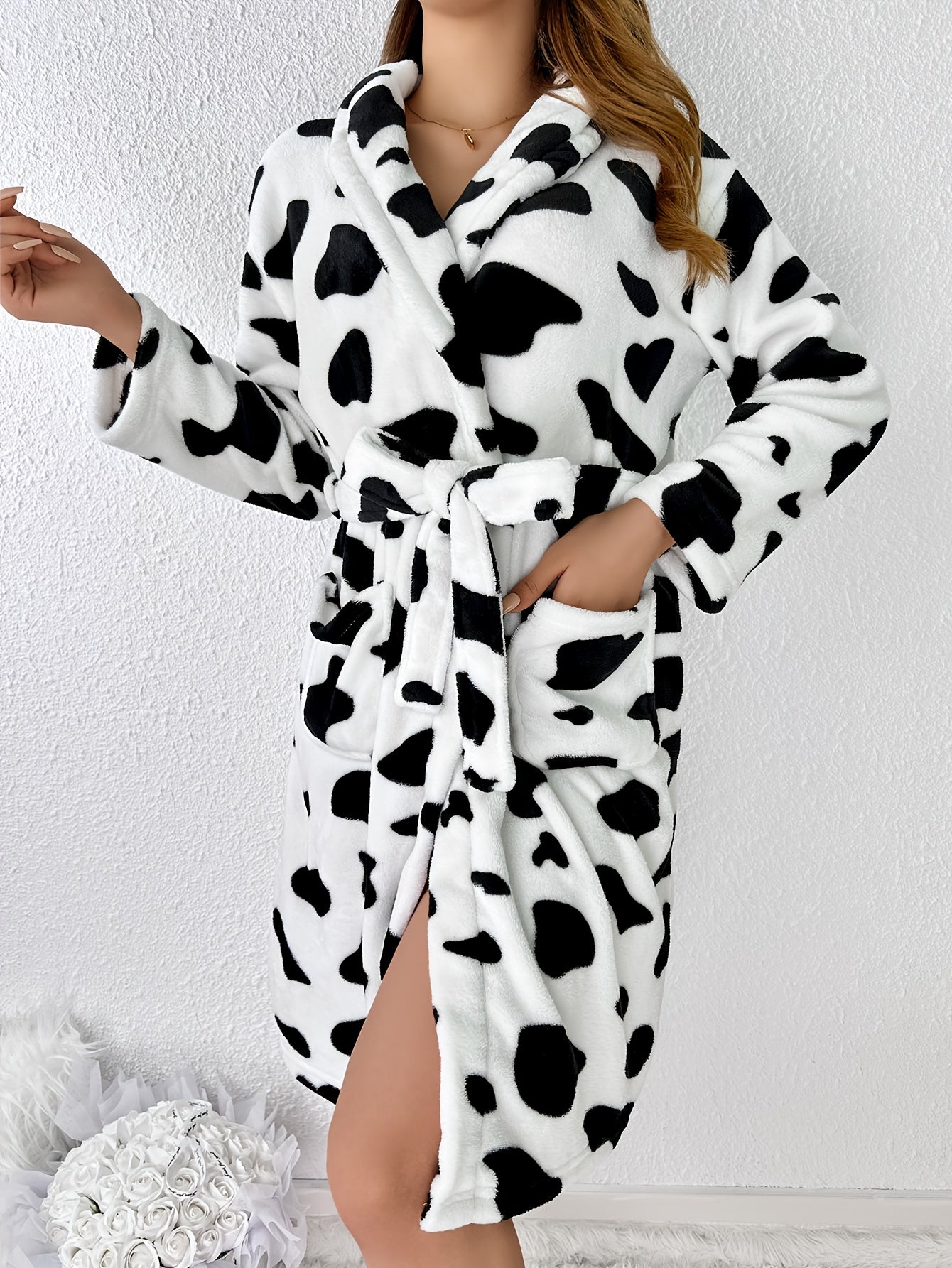 Adult Cow Print Plush Robe with Lapel Collar for Fall and Winter Lounge