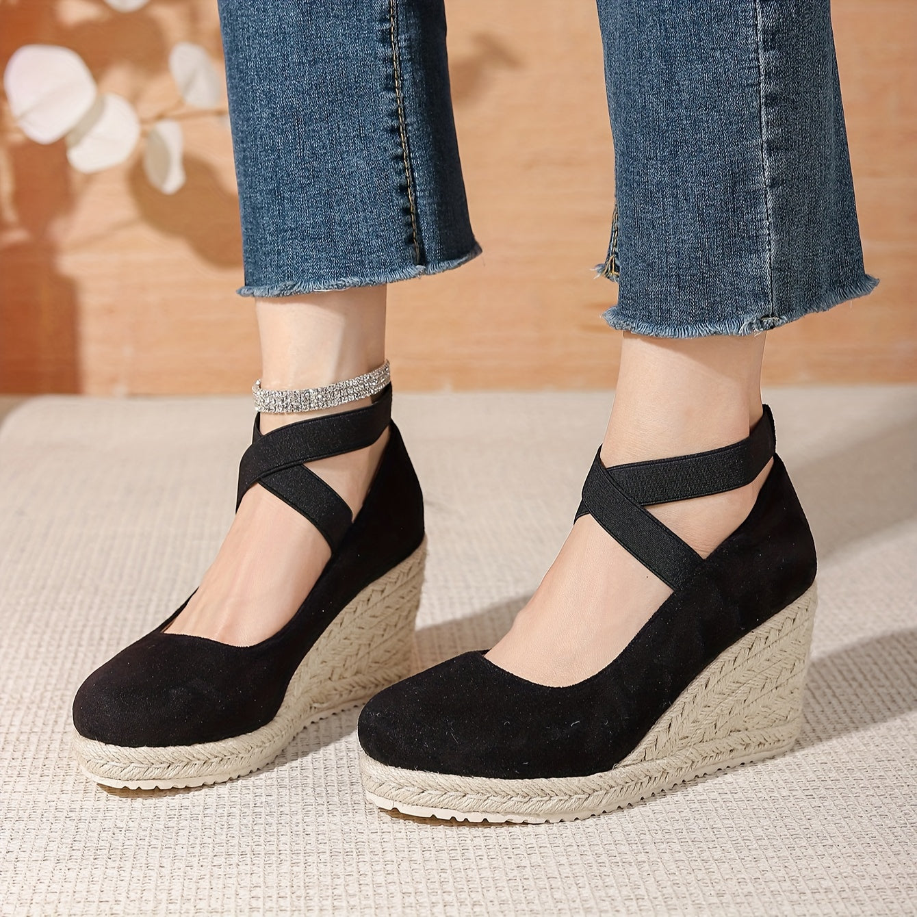 Women's Black Wedge Heel Shoes - Comfortable Fabric Vamp, Elastic Cross Straps