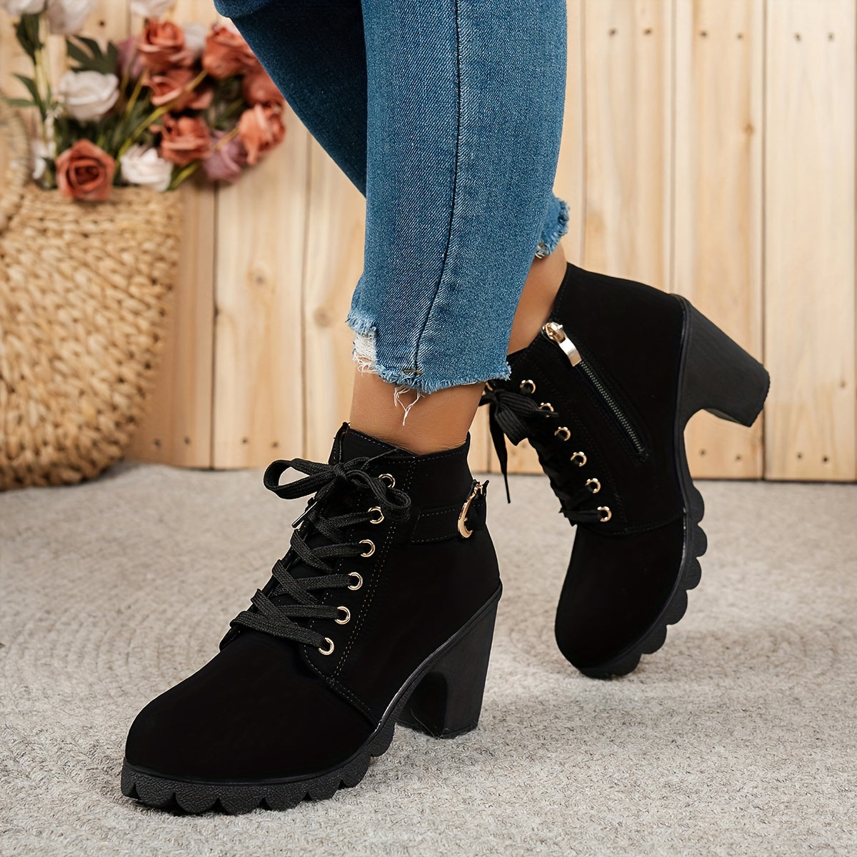 Women's Pointed Toe Mary Jane Boots Thick Platform High Heel Lace-Up Zipper Sneakers