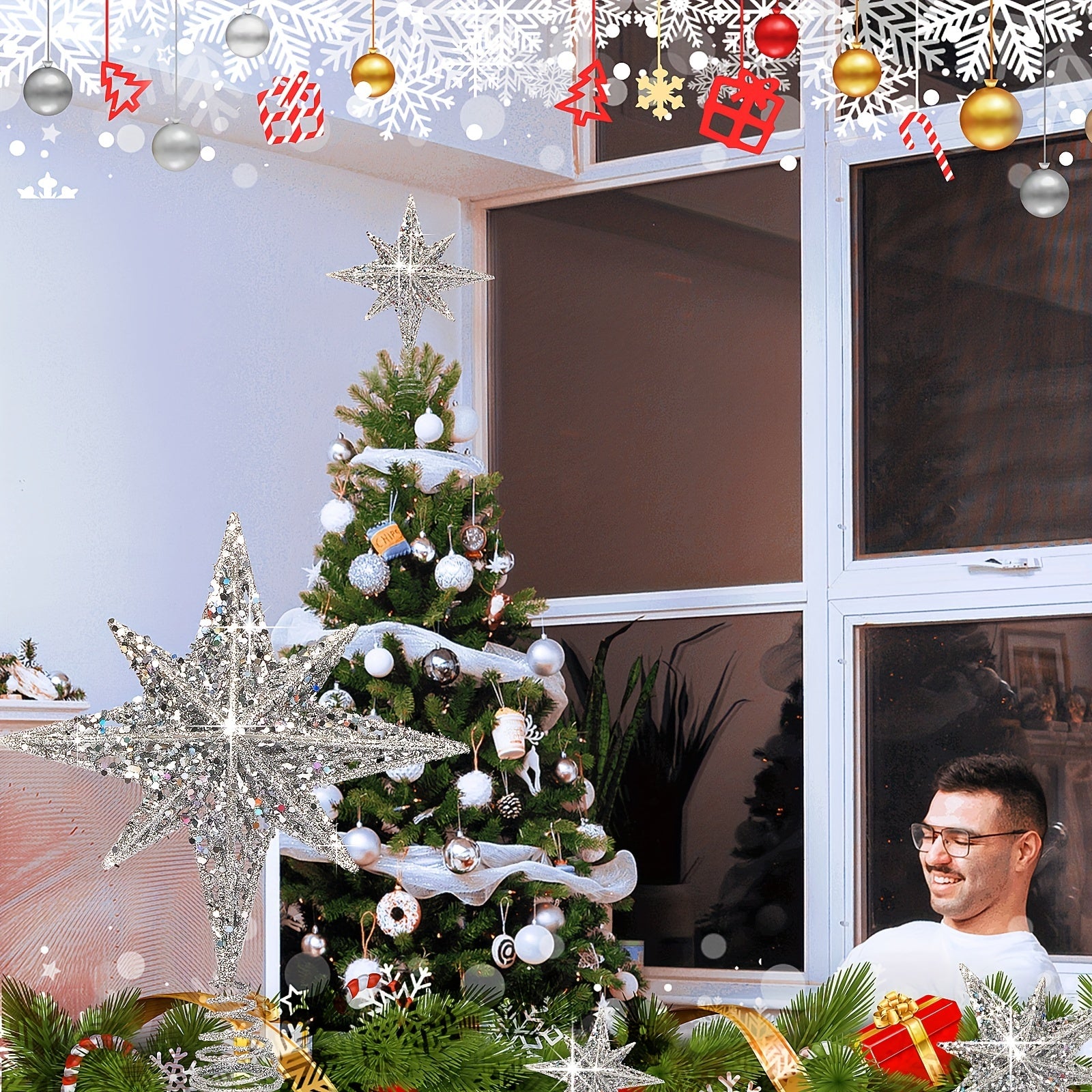 Adorno para árbol de Navidad de 8 pulgadas en oro y plata con purpurina para decoraciones en el hogar