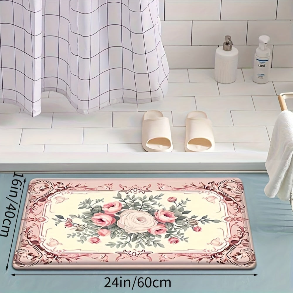 Alfombra absorbente de estilo campestre francés con motivos florales para cocina, baño y entrada, antideslizante, de poliéster