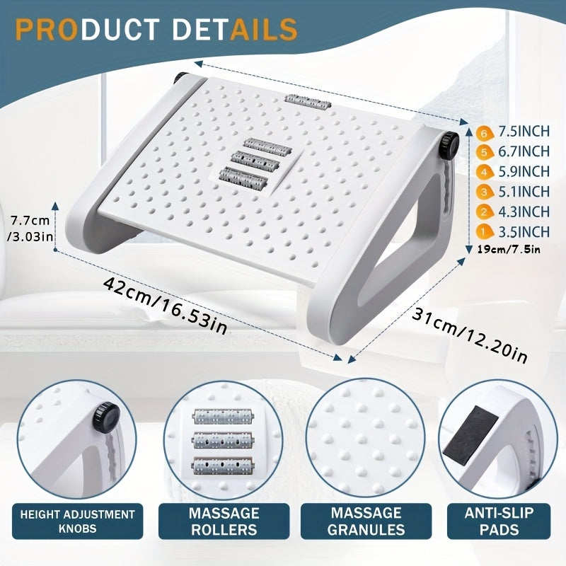 Adjustable Foot Rest with Roller Massage Non-Slip Ergonomic Plastic Office Home Use