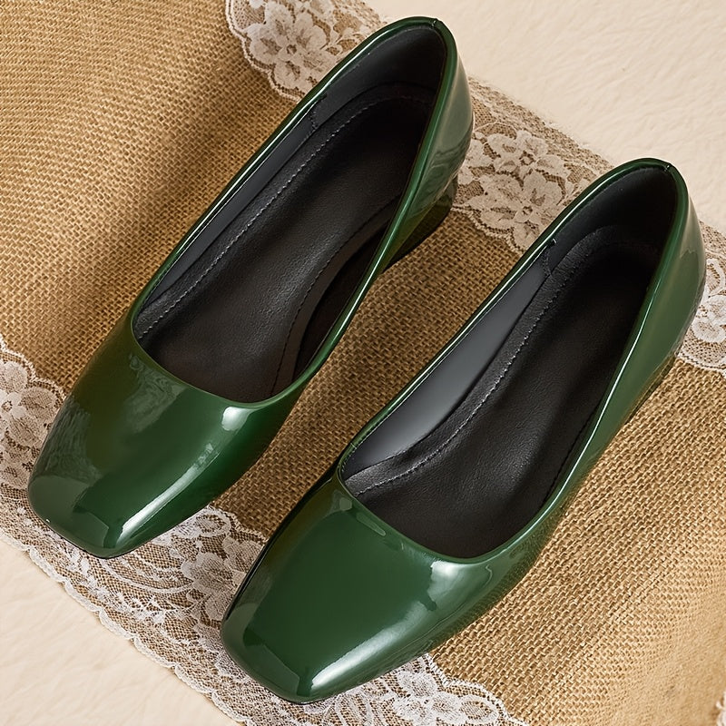 Women's Green Square Toe Mary Jane Pumps Breathable Synthetic Low Block Heel Dress Shoes