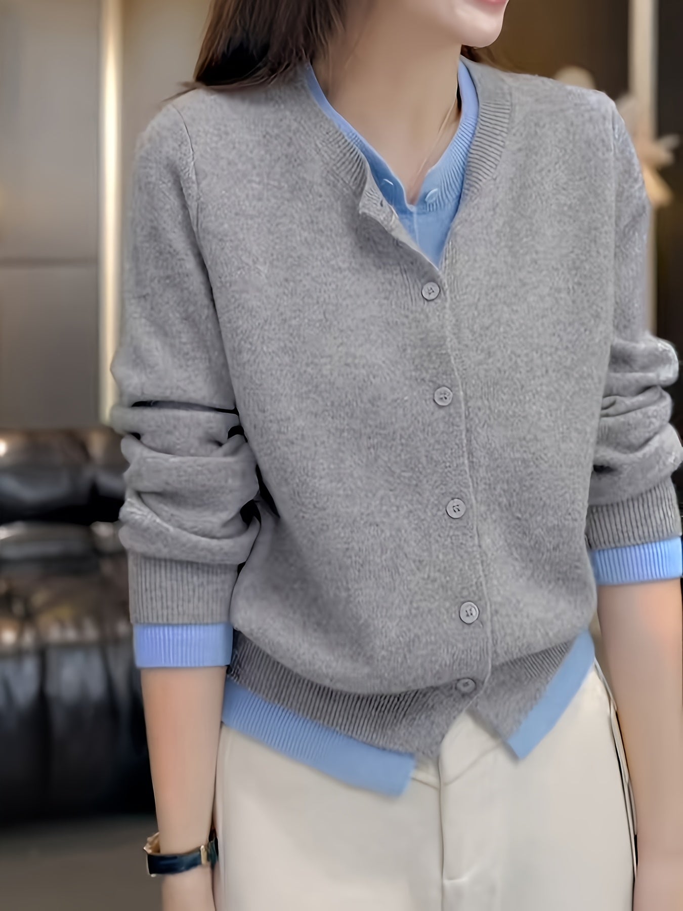 Plus Size Women's Color Block Faux Two-Piece Oversized Cardigan