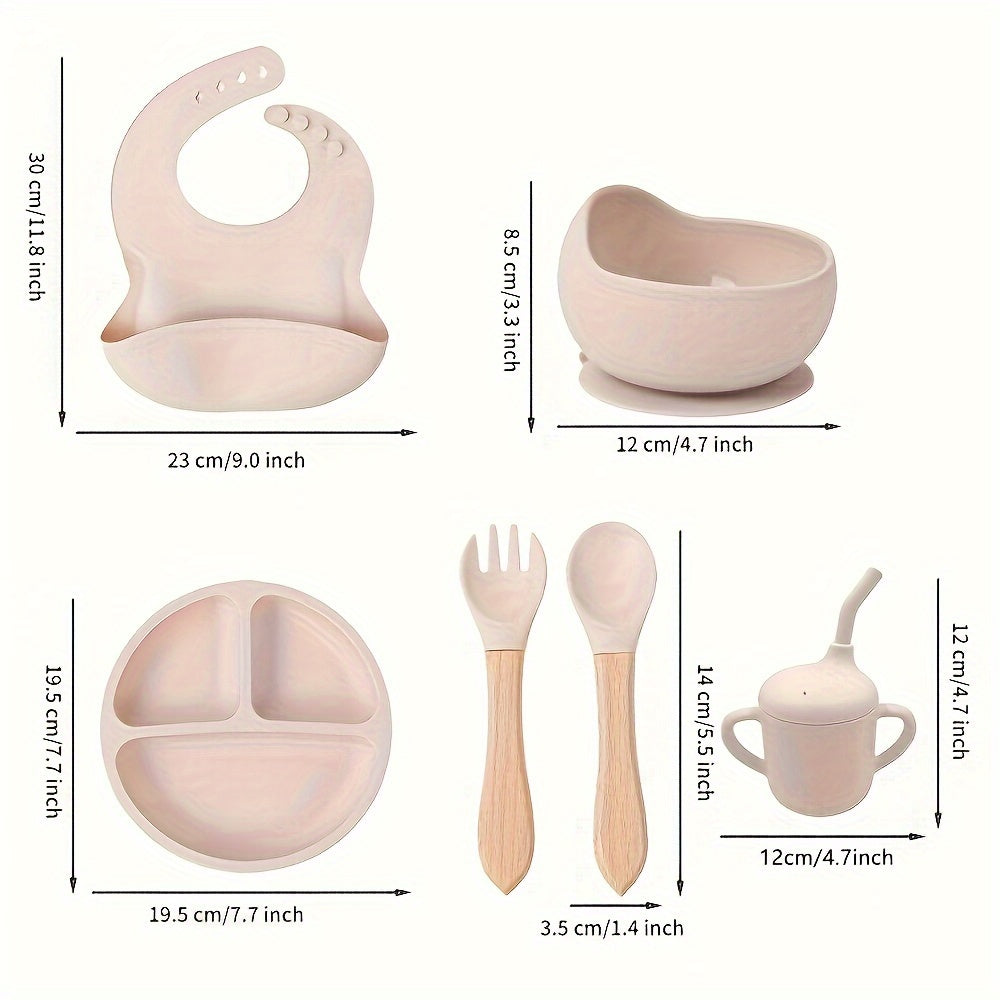 6-Piece Silicone Feeding Set with Divided Plate and Wooden Utensils for Self-Feeding