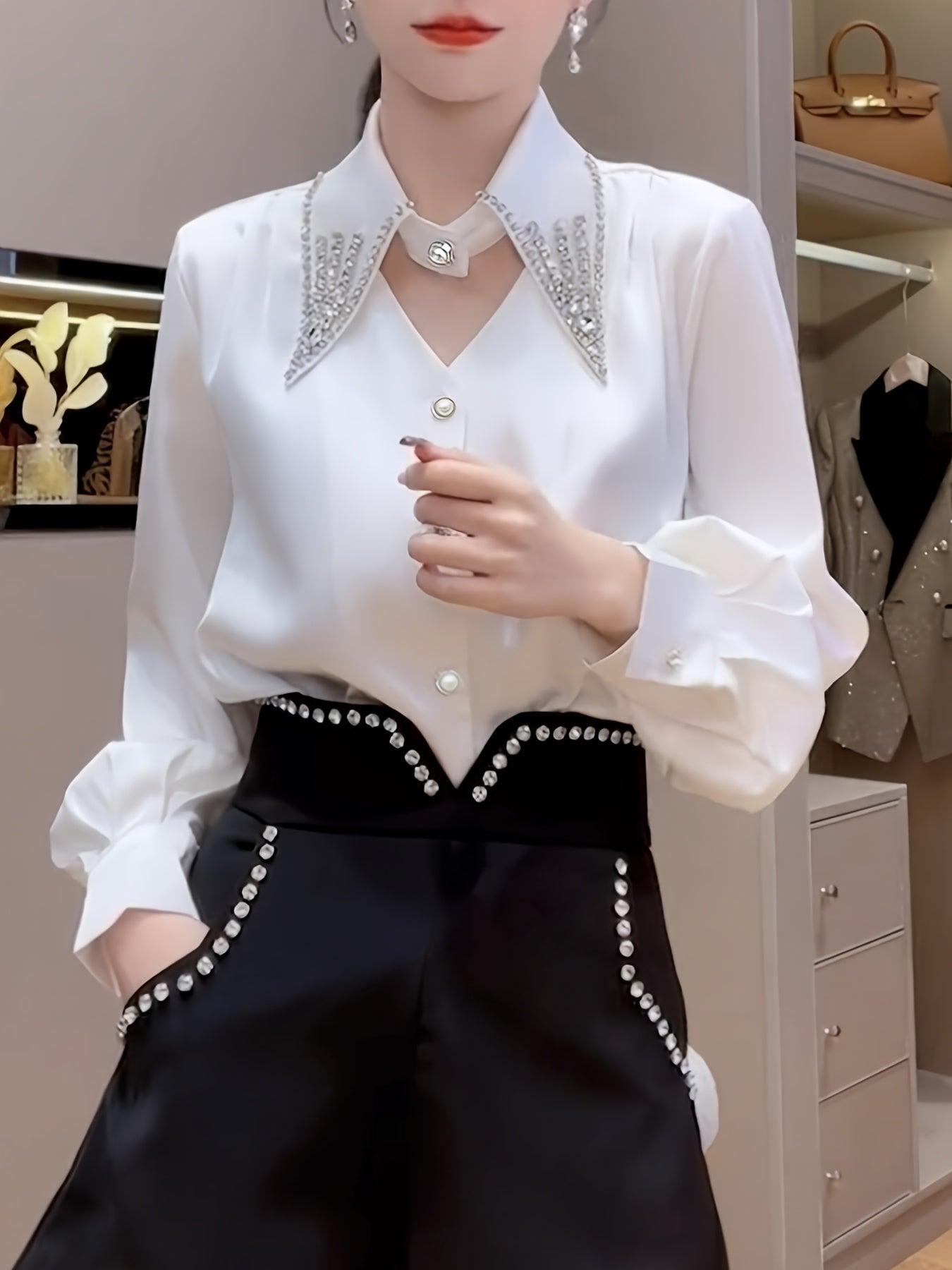 Women's French Style Blouse with Rhinestone Puff Sleeves and Lapel Collar