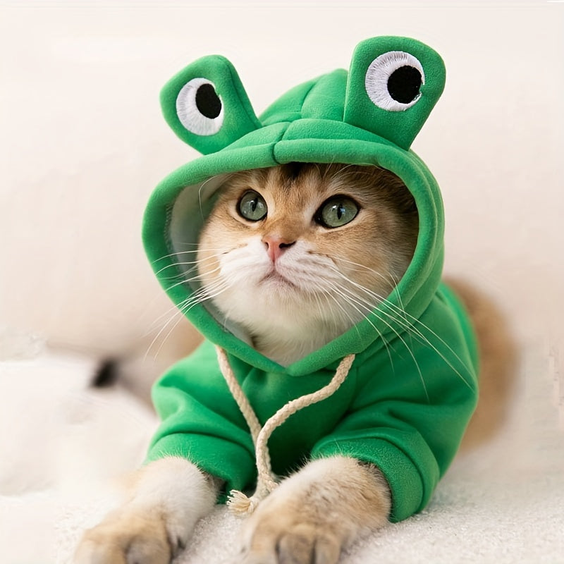 Cute Frog-Themed Pet Hoodie for Small Cats All-Season Knit Fabric