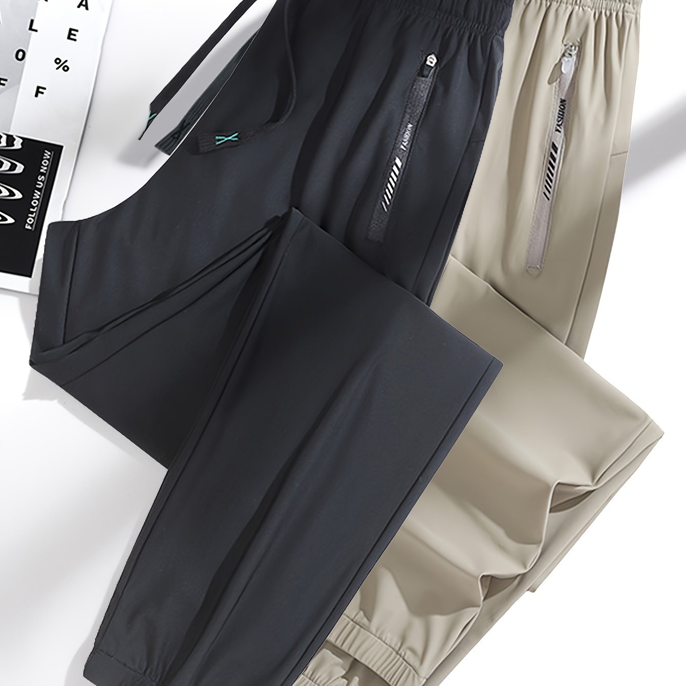 Women's Summer Sports Long Pants Tapered Joggers with Elastic Waist and Zipper Pockets