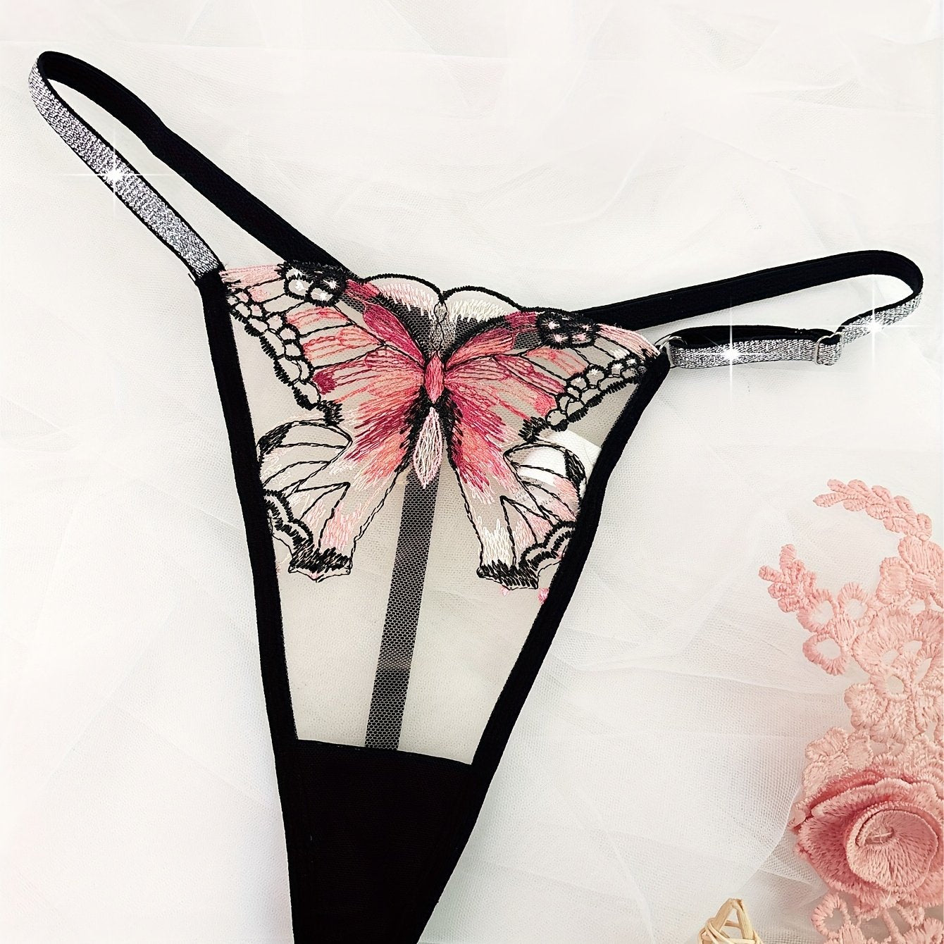 Tanga de malla para mujer con cinturilla de purpurina y estampado de mariposa, lencería semi-transparente