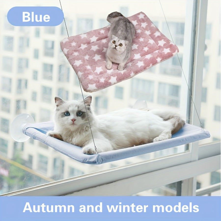 White and Gray Plaid Cat Hammock with Detachable Blanket and Secure Straps for Indoor and Balcony Use