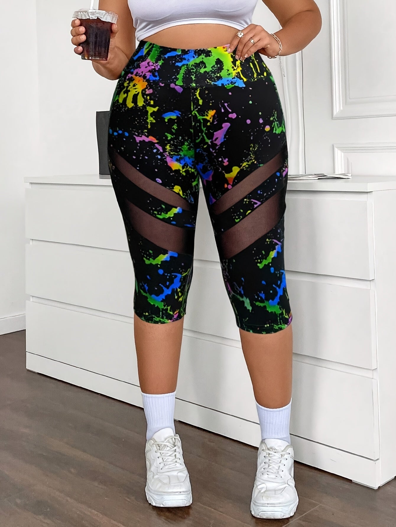 Shorts de talla grande con estampado tie-dye y cintura alta con malla, verano casual y elástico