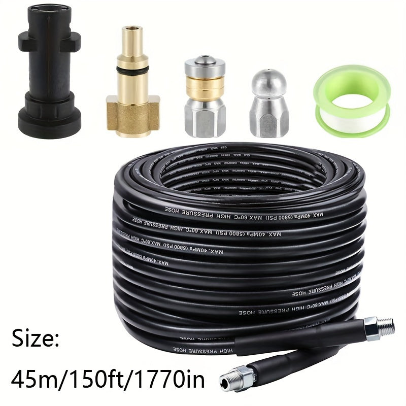 Drain Cleaning Kit with 45m High Pressure Hose Nozzles Adapters for Karcher K2-K7