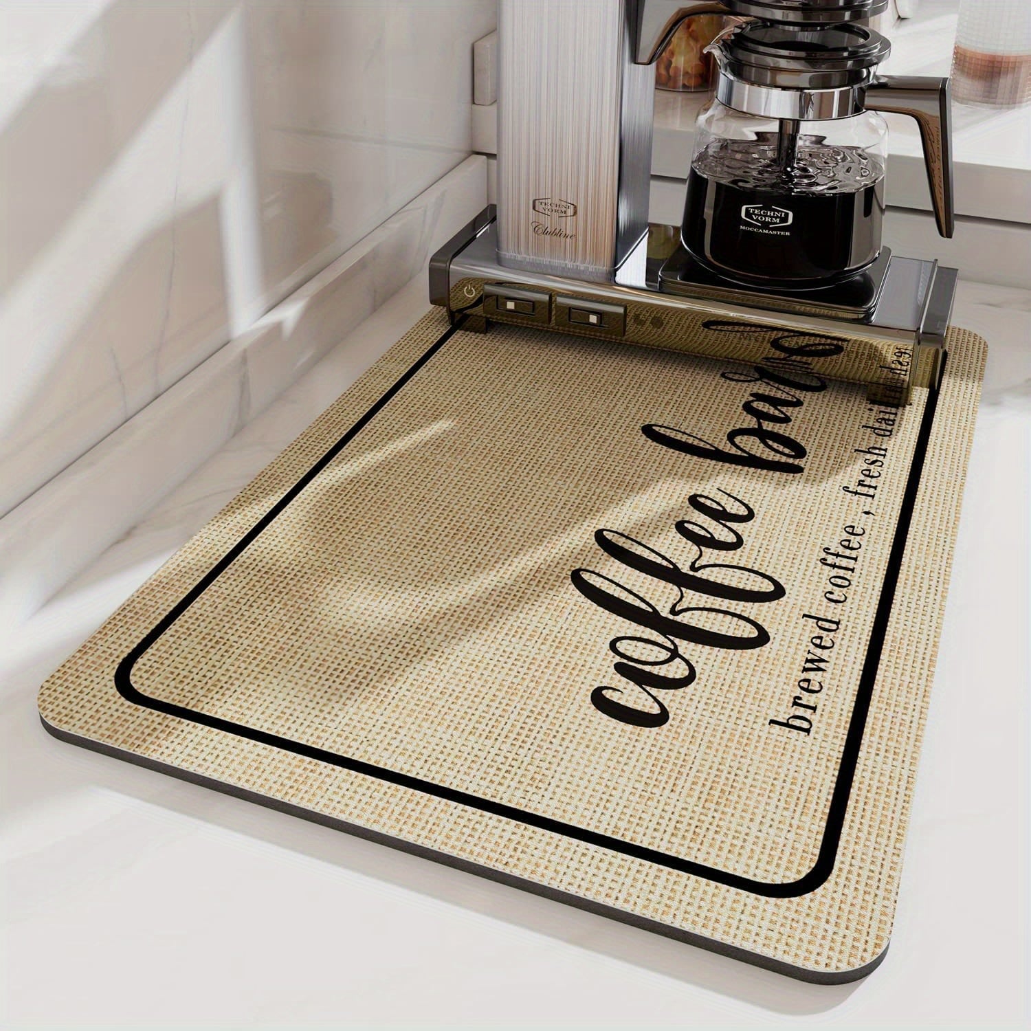 Quick-Dry Coffee Mat with Hidden Stain Absorption and Rubber Backing for Kitchen Counter