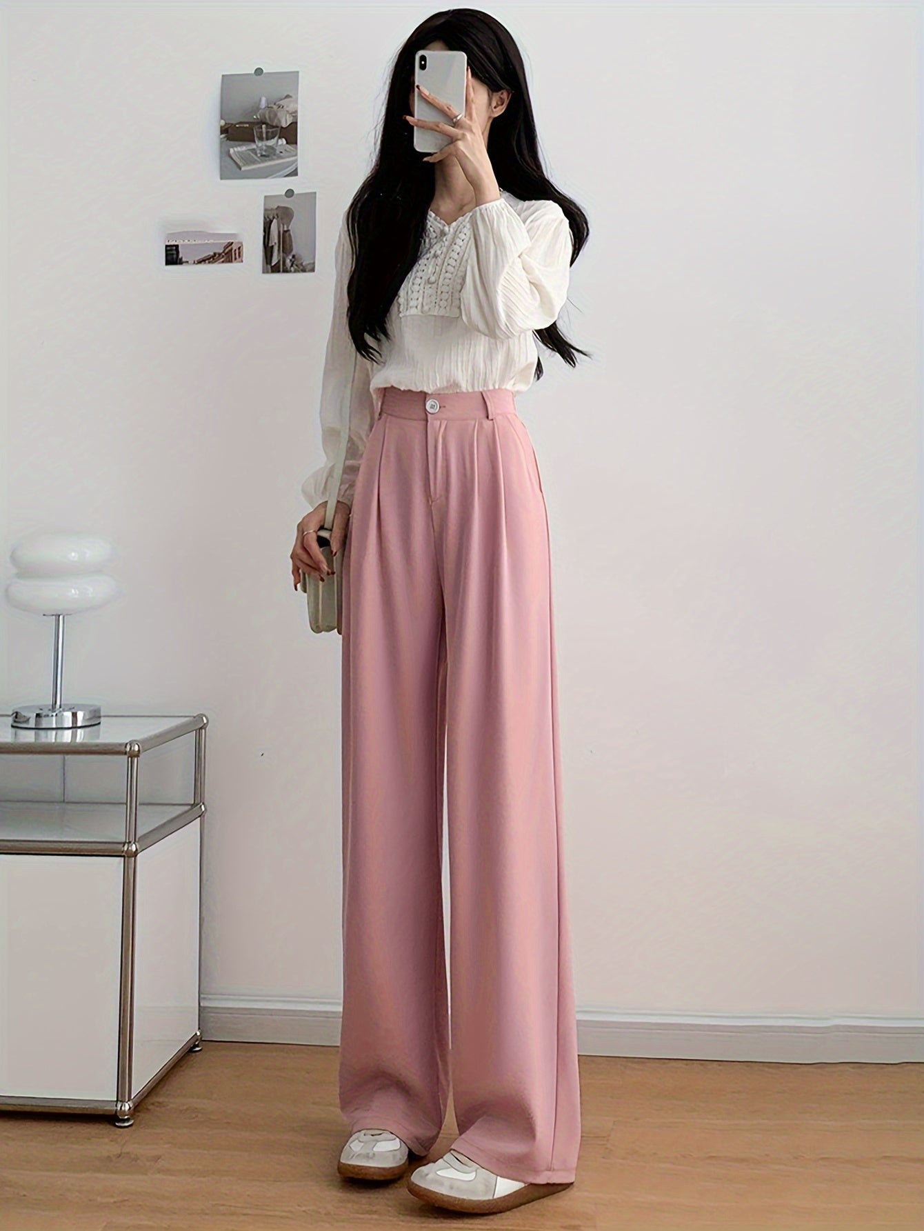 High-Waisted Straight Leg Pants for Women Breathable Wrinkle-Resistant Polyester Elastane