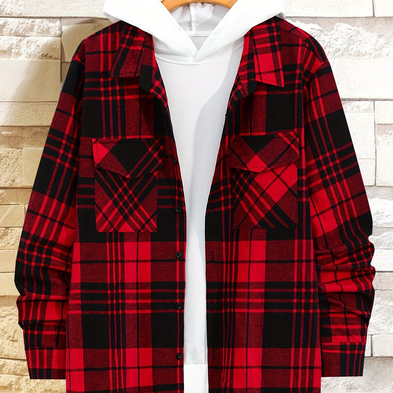 Plus-Size Men’s Plaid Long-Sleeve Shirt Polyester Casual Spring Fall