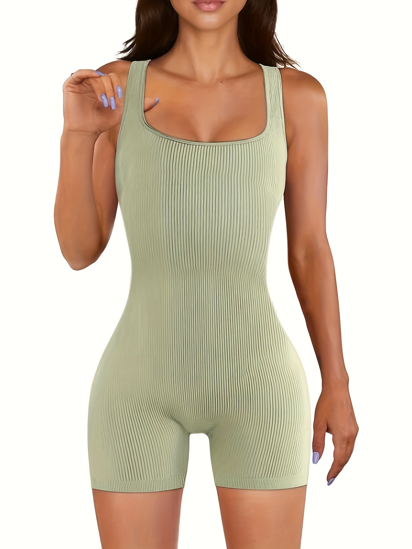 Women's Solid Ribbed Sleeveless Square Neck Lounge Romper Set with Slim Fit Polyester Spandex