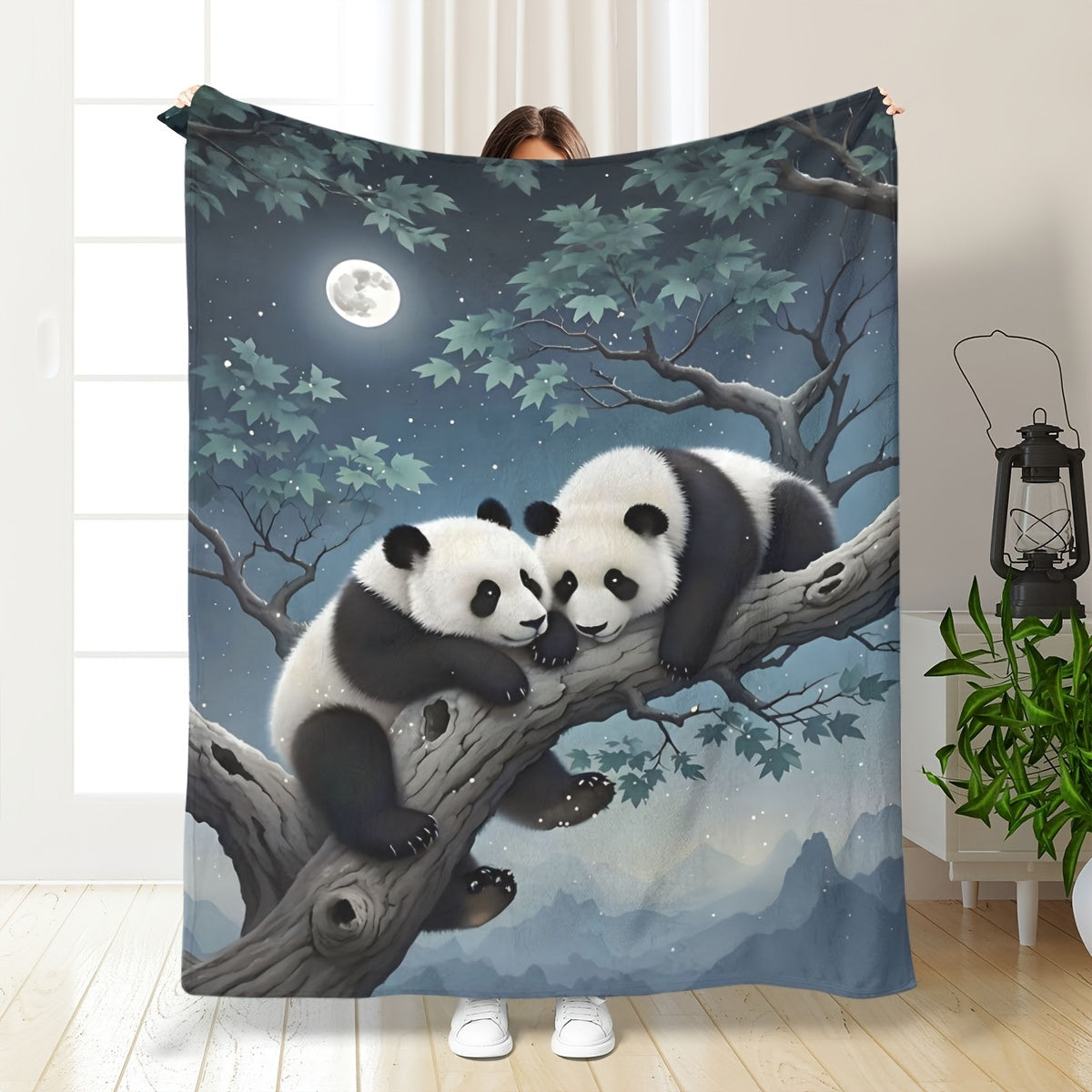 Cozy Panda Print Flannel Throw Blanket 100% Polyester Machine Washable