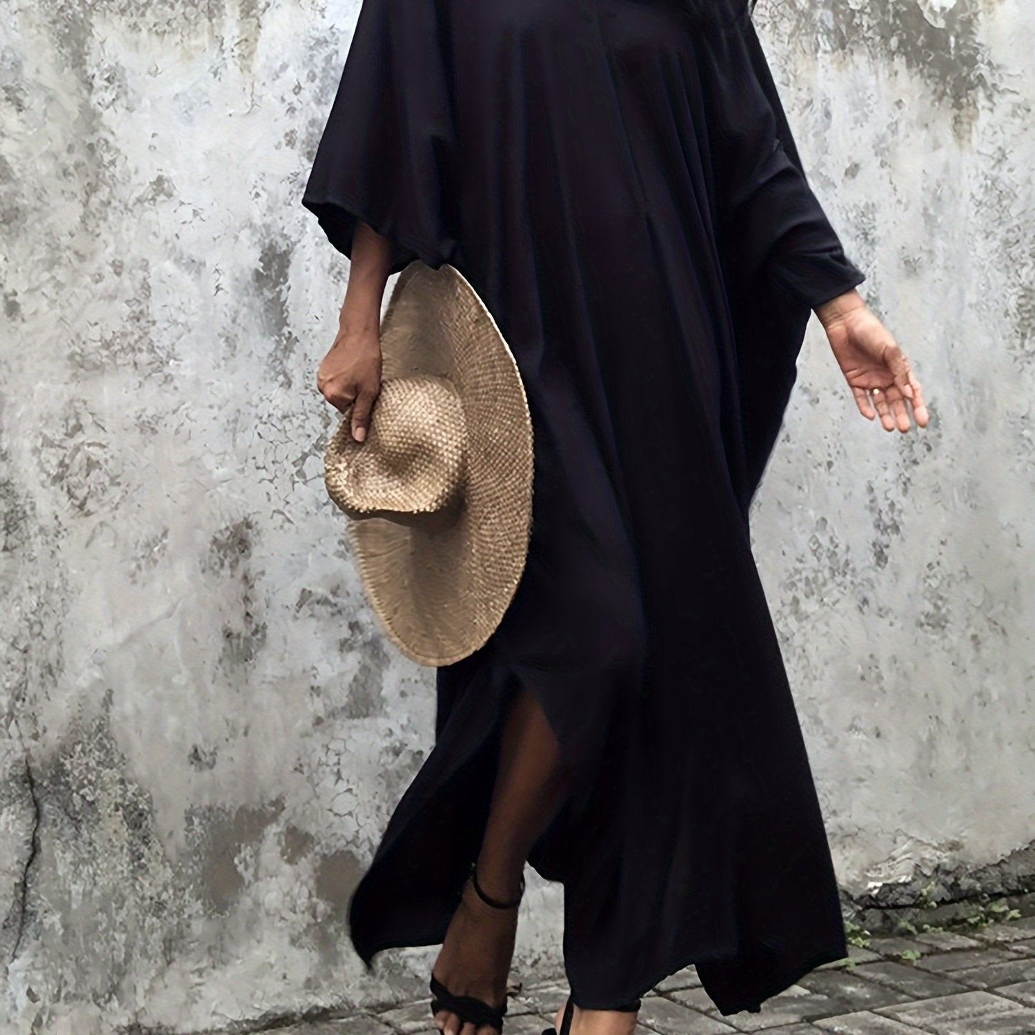 Ayollar uchun Batwing yengli, keng kesimli, zamonaviy plussayz kaftan ko'ylagi, erkin fit maxi robe | Rayon aralashmasi, cho'zilmaydigan mato | Bahor/Yoz/Kuz uchun ideal