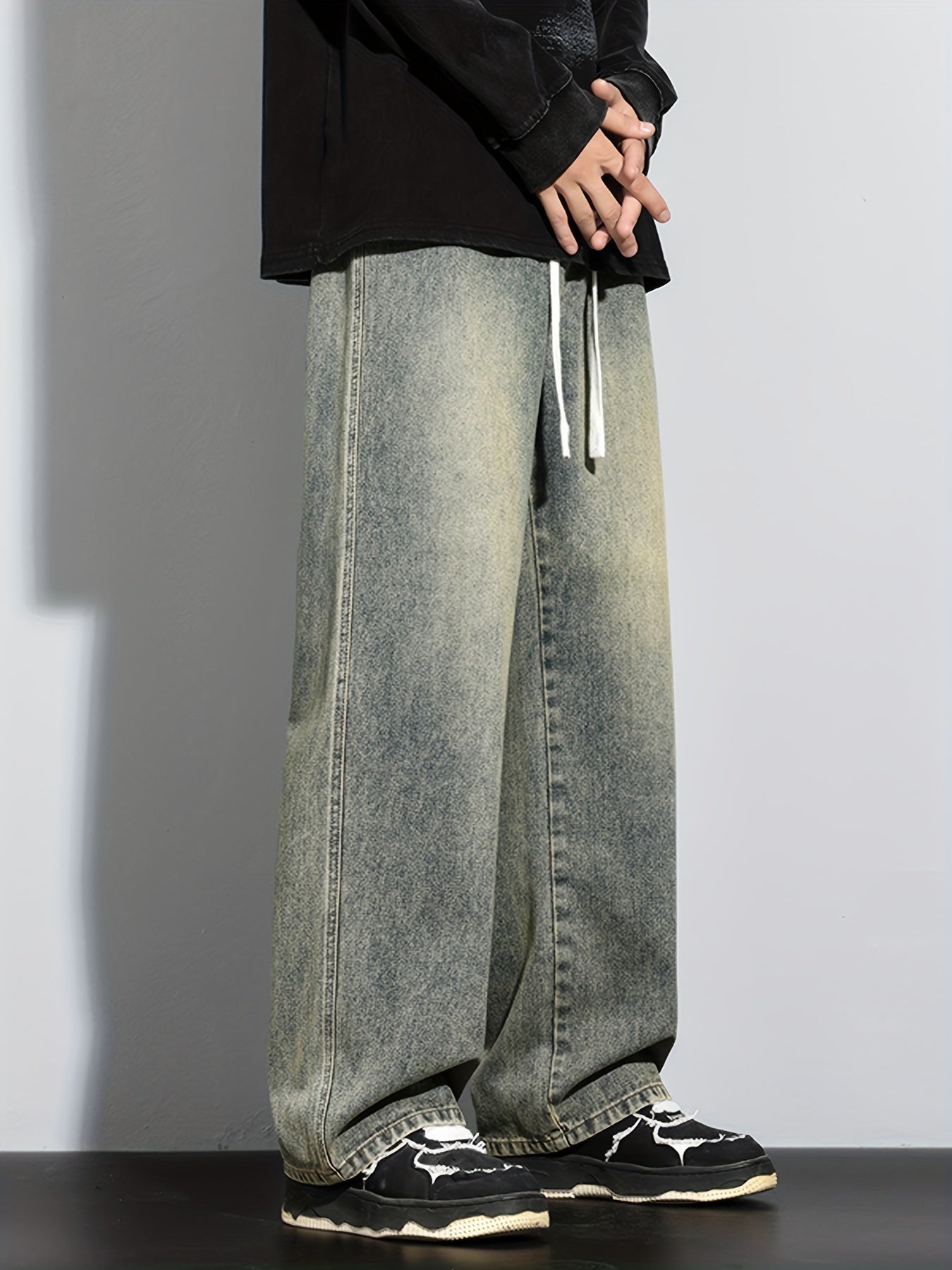 Мужские повседневные свободные джинсы с эластичным поясом из стёганого денима, без растяжения, доступны в 5 цветах