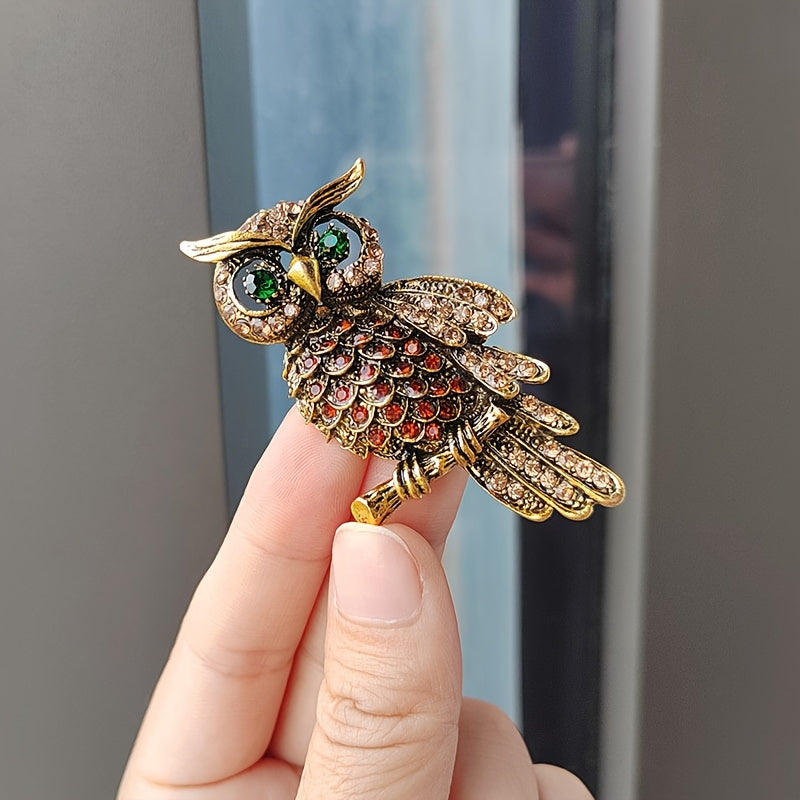 Women's Vintage Owl Brooch Pin with Blue Crystals Elegant Jewelry