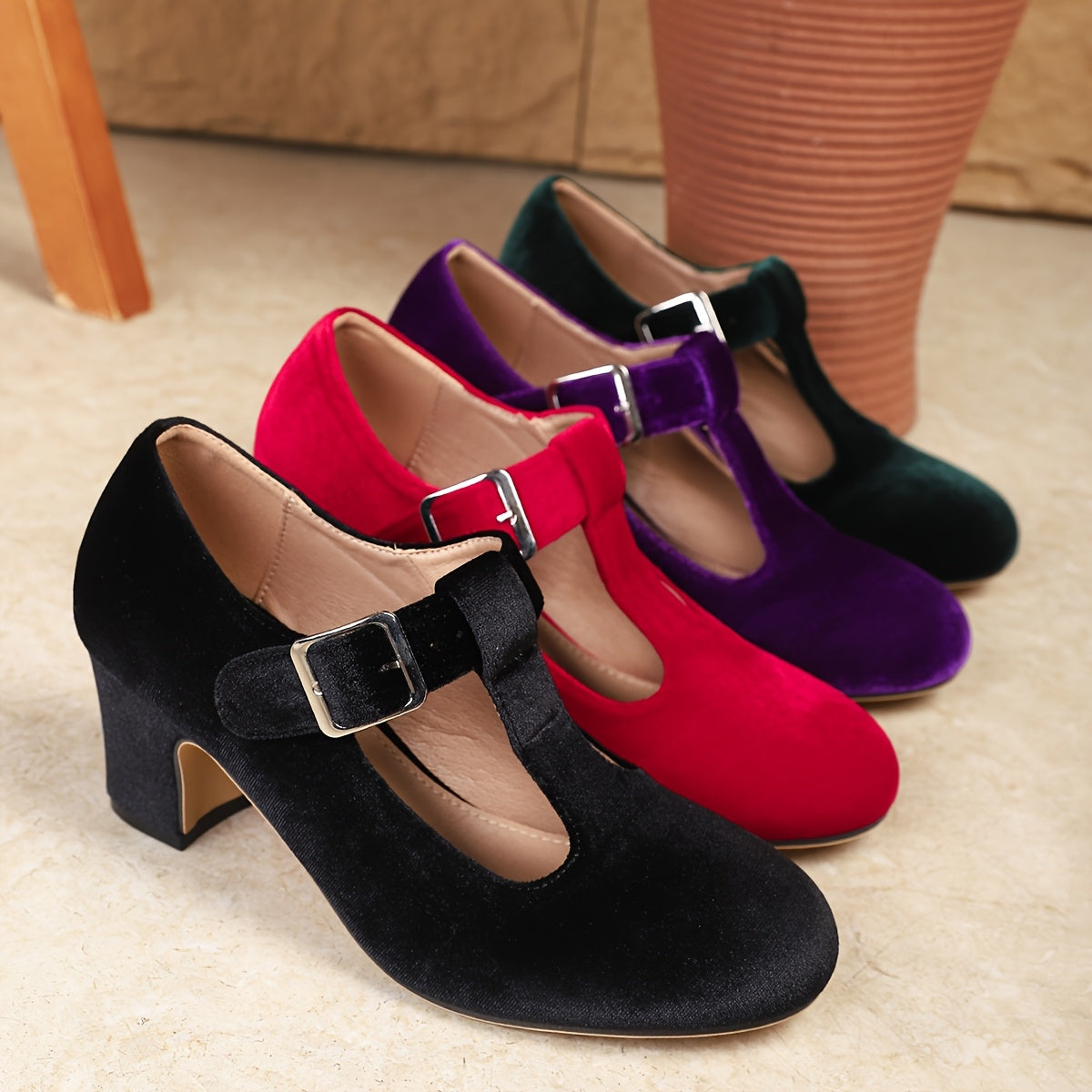Women's Velvet Mary Jane Pumps with Ankle Strap and Round Toe