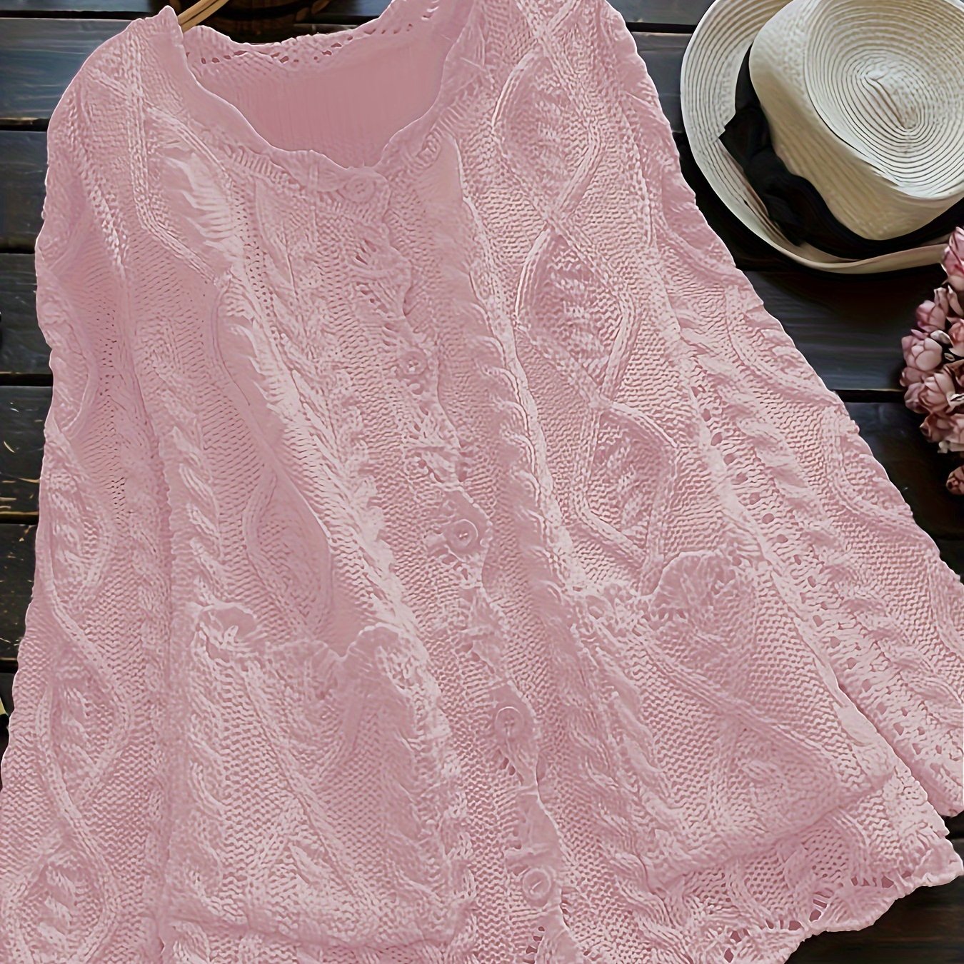 Women's Light Blue Casual Knit Cardigan with Lace Detailing and Round Neck