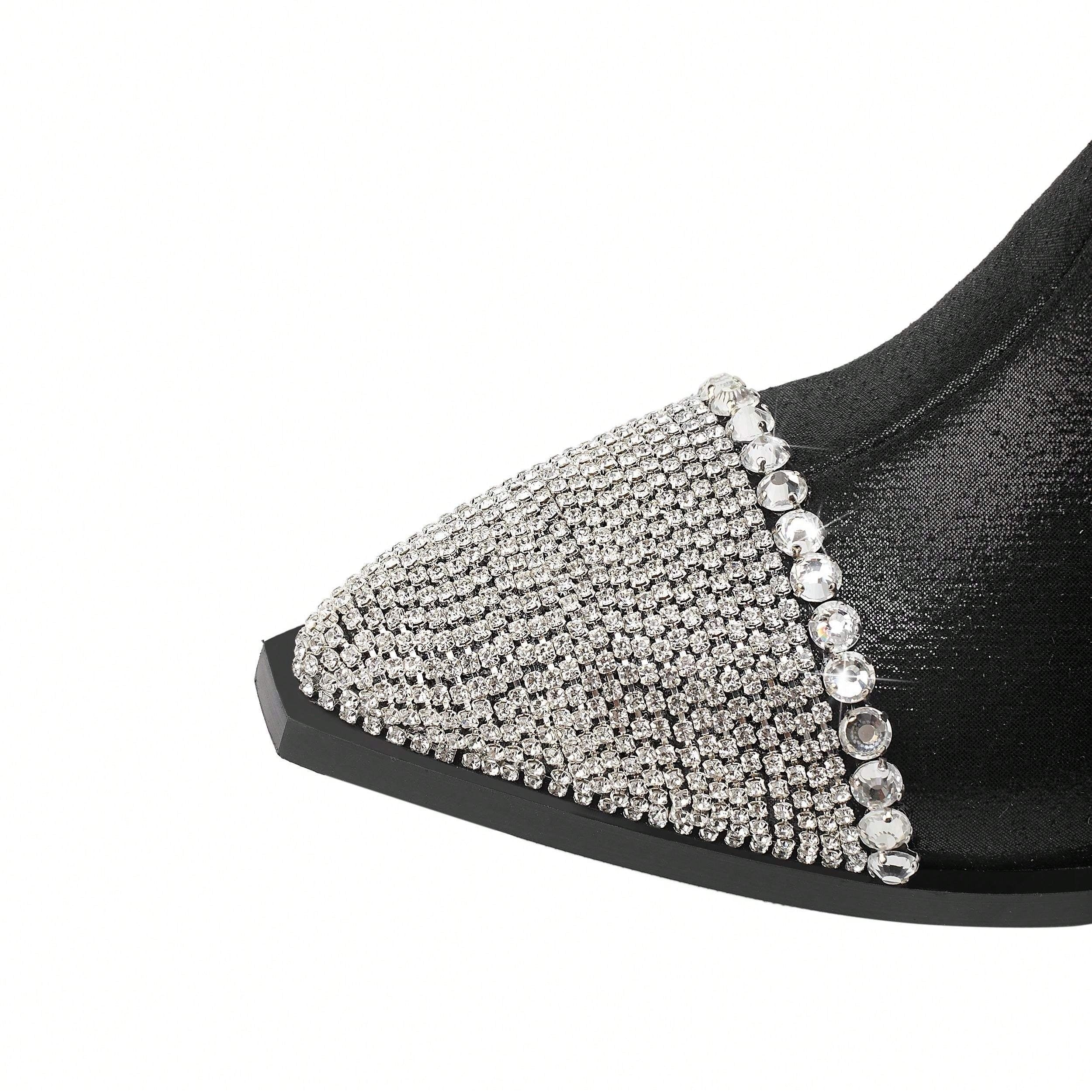 Women's Western Ankle Boots Rhinestones Chain Pointed Toe Block Heel