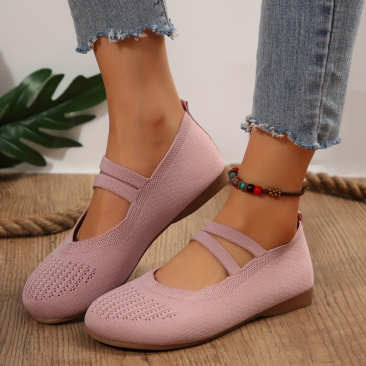 Women's Knitted Flats Ankle Band Breathable Slip-On Shoes